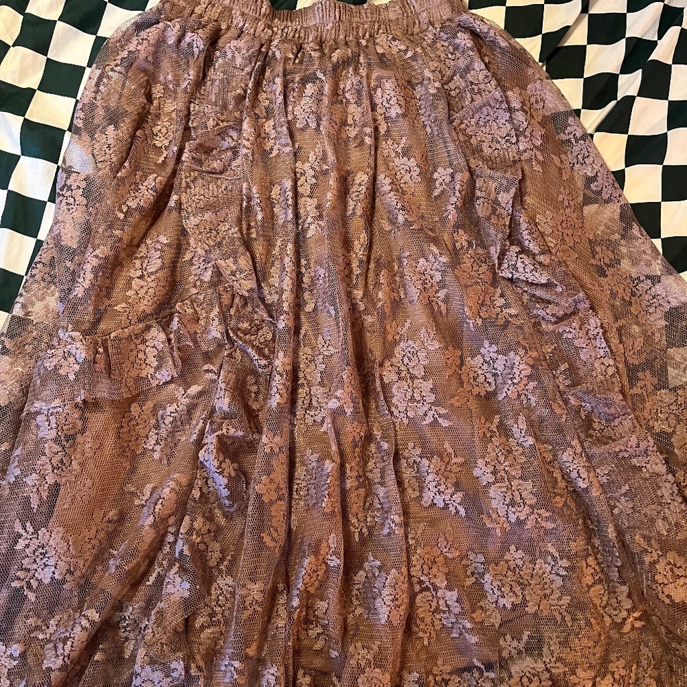 Mauve Elastic Waist Lace Midi Skirt